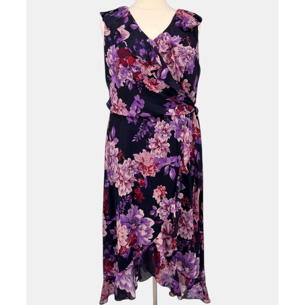 London Times Woman Navy Chiffon Faux Wrap Ruffle High Low Maxi Dress Size 20W - Picture 14 of 14